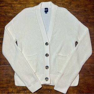 GAP Chunky Knit Cream Cotton Cardigan Sweater Womens L 90s Cabincore Grandmacore